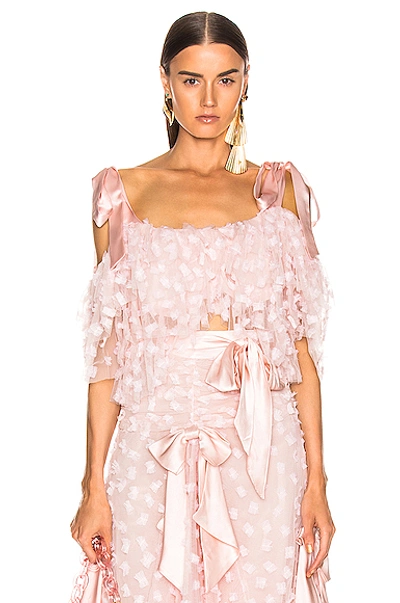 Shop Rodarte Embroidered Bow Tiered Off The Shoulder Blouse In Pink