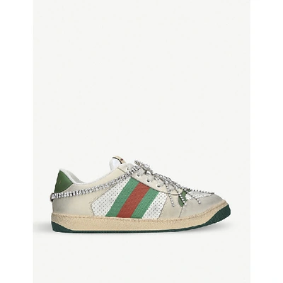 Shop Gucci Virtus Chain-embellished Distressed Leather And Textile Trainers In White/comb