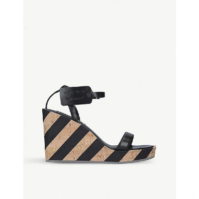 Shop Off-white Striped Leather And Cork Wedge Sandals In Black