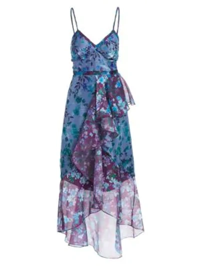 Shop Marchesa Notte Floral Ruffle Cocktail Dress In Blue