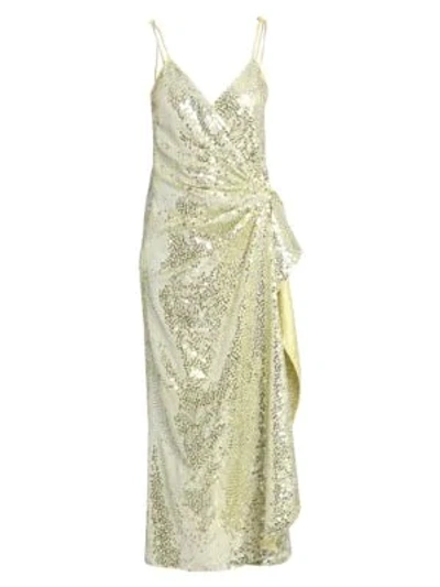 Shop Attico Satin Paillettes Wrap Dress In Pale Yellow