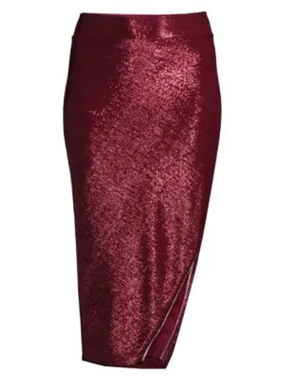 Shop Michelle Mason Metalilc Side Slit Pencil Skirt In Wine
