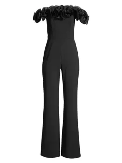 Shop Aidan Mattox Organza Flower Off-the-shoulder Jumpsuit In Black