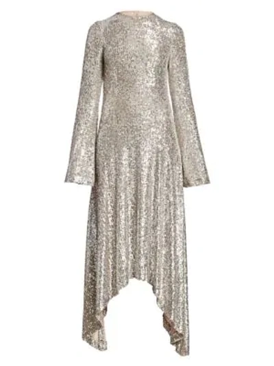 Shop Galvan Modern Love Metallic Sequin Handkerchief A-line Dress In Platinum