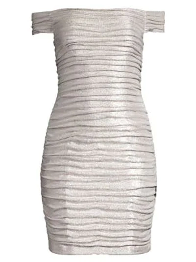 Shop Aidan Mattox Off-the-shoulder Ruched Foiled Mini Dress In Champagne Silver