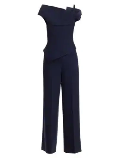 Shop Roland Mouret Gable One-shoulder Wide-leg Wool Jumpsuit In Navy