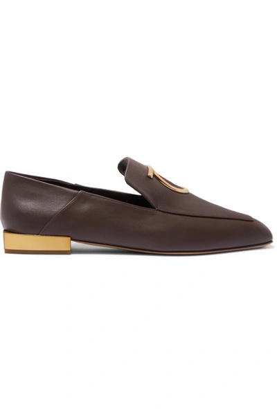 Shop Ferragamo Lana Embellished Leather Collapsible-heel Loafers In Dark Brown