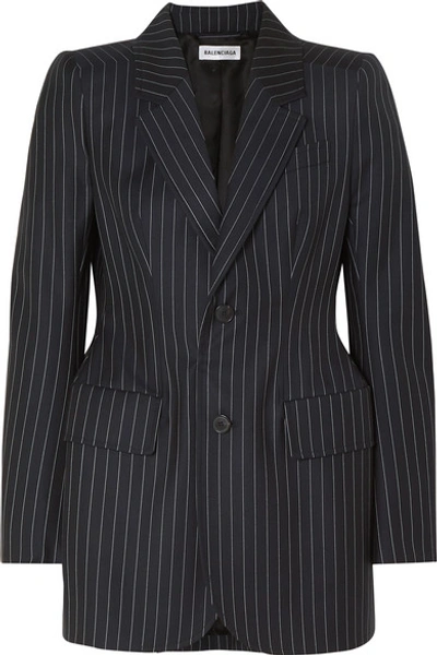 Shop Balenciaga Hourglass Pinstriped Wool And Cashmere-blend Blazer In Navy