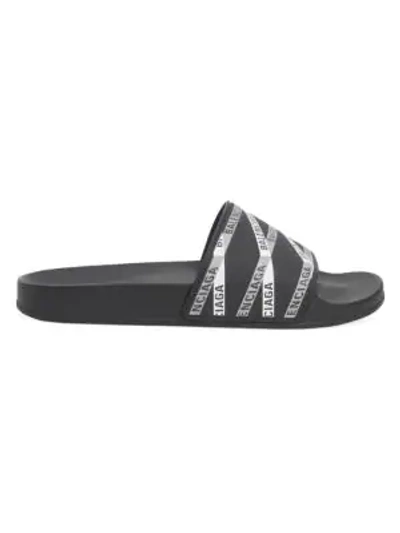 Shop Balenciaga Logo Pool Slide Sandals In Black