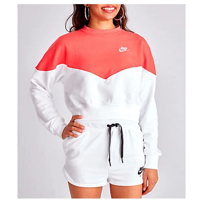 Shop Nike Women's Sportswear Heritage Crop Crew Sweatshirt In Pink / White Size X-small Cotton/polyester