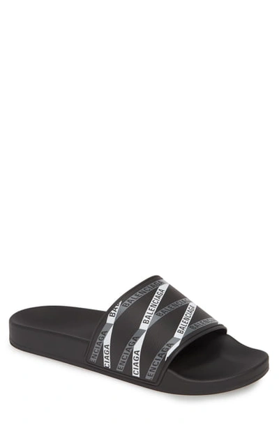 Shop Balenciaga Monogram Slide Sandal In Black/ White/ Grey