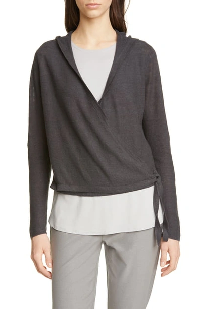 Shop Eileen Fisher Organic Linen Knit Hooded Wrap Cardigan In Graphite