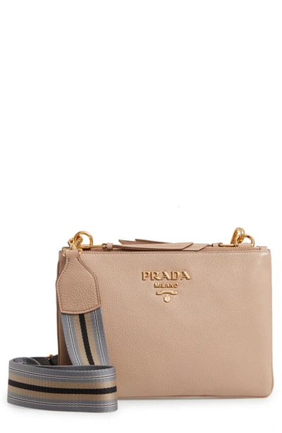 Shop Prada Daino Double Compartment Leather Crossbody Bag In Cammeo