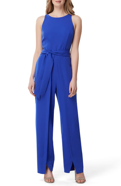 tahari tie waist crepe jumpsuit