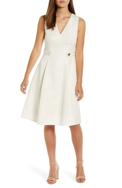 Shop Anne Klein V-neck Jacquard Fit & Flare Dress In Anne White
