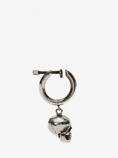 Shop Alexander Mcqueen Skull Hoop Earring In Antique Silver