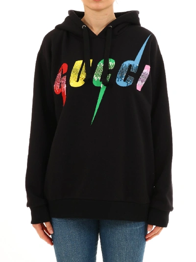 Shop Gucci Rainbow Logo Hoodie In Black