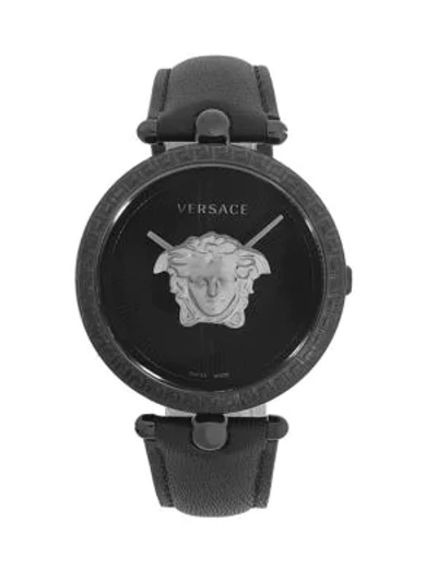 Shop Versace Logo Leather-strap Watch In Black