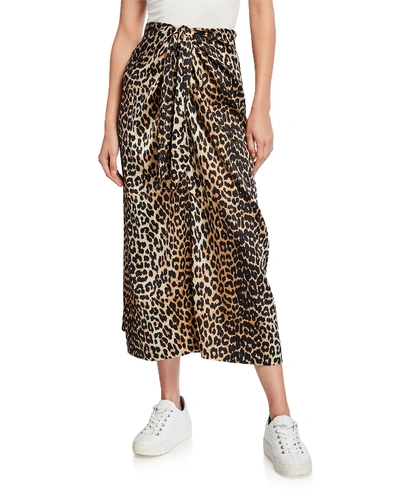 Shop Ganni Stretch Satin Leopard-print Long Sarong Skirt