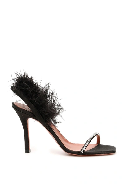 Shop Amina Muaddi Adwoa Crystal And Feather Sandals In Black Satin (black)