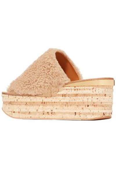 Shop Chloé Camille Shearling Platform Slides In Beige