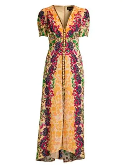 Shop Saloni Lea Floral Silk Long Dress In Champagne Berries Placement