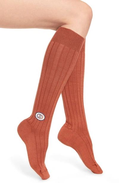 Shop Gucci Logo Patch Rib Knee High Socks In Sienna