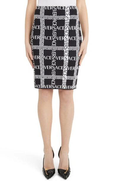 Shop Versace Logo Grid Knit Pencil Skirt In Black/ White