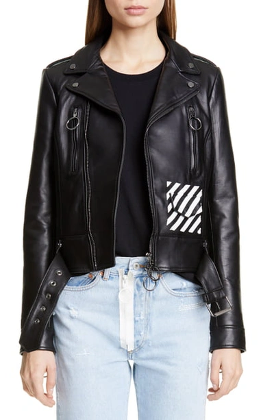 Shop Off-white Embroidered Leather Biker Jacket In Black White