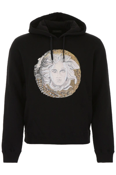 Shop Versace Medusa Embroidered Hoodie In Black