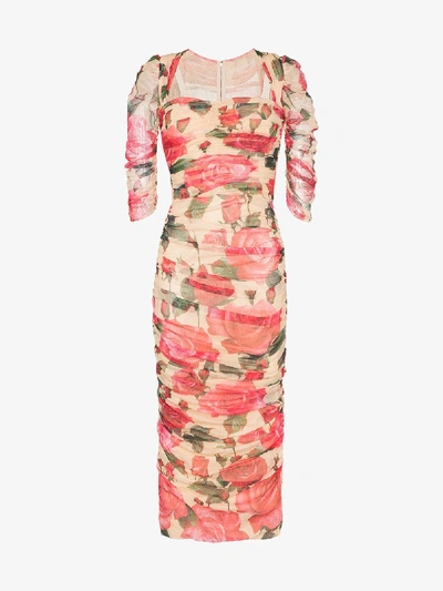 Shop Dolce & Gabbana Gerafftes Kleid Mit Blumen In Pink