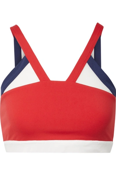 Shop Perfect Moment Mesh-trimmed Stretch Sports Bra In Red