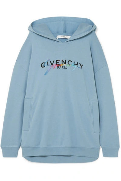 Shop Givenchy Oversized Printed Embroidered Cotton-jersey Hoodie In Light Blue