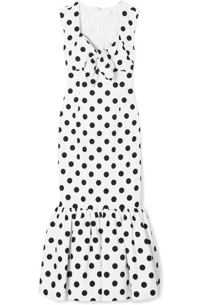 Shop Rebecca De Ravenel Tie-detailed Polka-dot Cotton-blend Maxi Dress In White