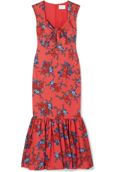 Shop Rebecca De Ravenel Tie-detailed Floral-print Cotton-blend Maxi Dress In Red