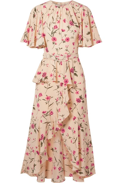 Shop Michael Kors Belted Ruffled Floral-print Silk Crepe De Chine Midi Dress In Pink