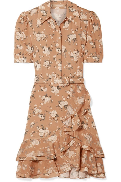 Shop Michael Kors Belted Ruffled Floral-print Silk-georgette Mini Dress In Tan