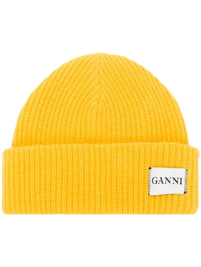 Shop Ganni Knitted Beanie - Yellow