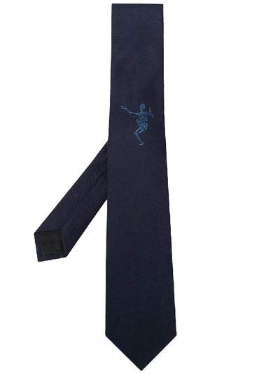 Shop Alexander Mcqueen Embroidered Skeleton Tie - Blue