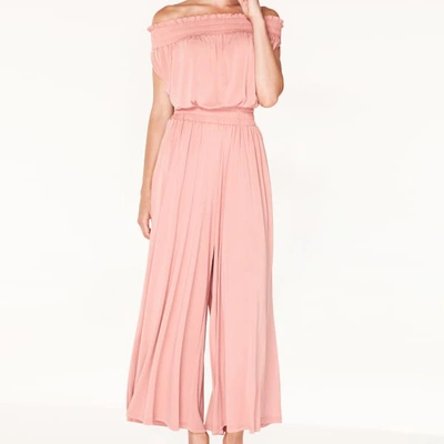 Shop Paisie Bardot Jumpsuit With Elasticated Shoulder & Waistband In Dusty Pink