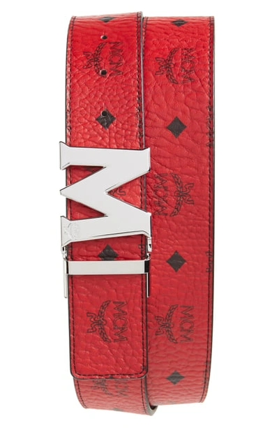 Shop Mcm Reversible Signature Leather Belt In Red