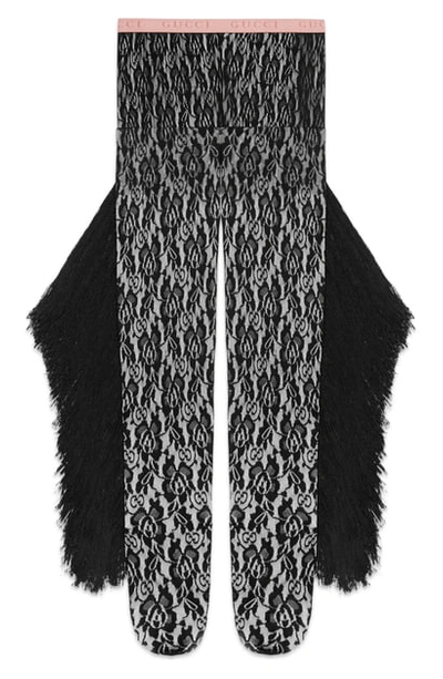 Shop Gucci Fringe Floral Lace Tights In Black/ Black