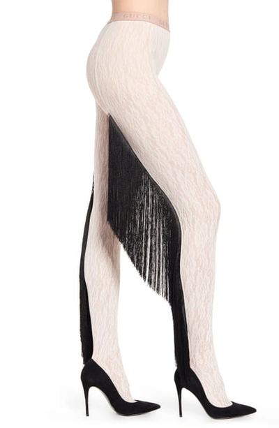 Shop Gucci Fringe Floral Lace Tights In Shell/ Black
