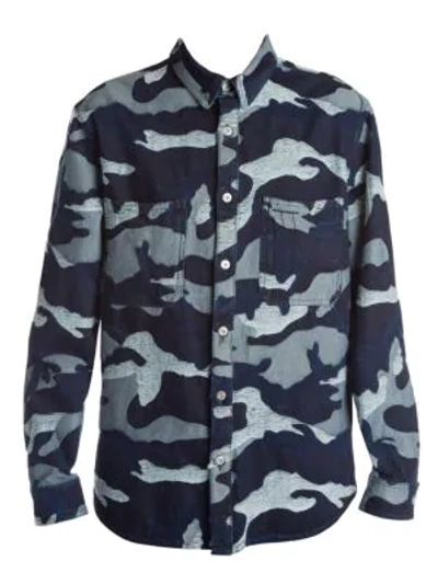 Shop Valentino Camoflauge Print Shirt In Navy