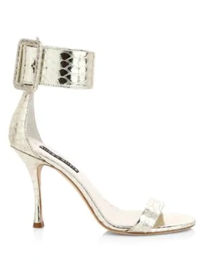 Shop Alice And Olivia Women's Dolora Crocodile-embossed Metallic Leather Sandals In Ivory