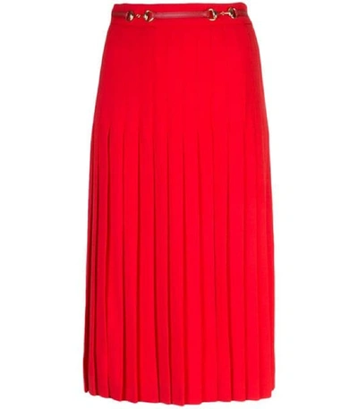 Shop Gucci High Waisted Pleat Wool Midi Skirt With Belt In Red