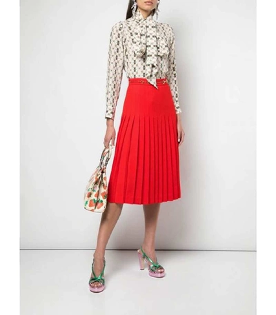 Shop Gucci High Waisted Pleat Wool Midi Skirt With Belt In Red