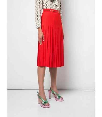 Shop Gucci High Waisted Pleat Wool Midi Skirt With Belt In Red