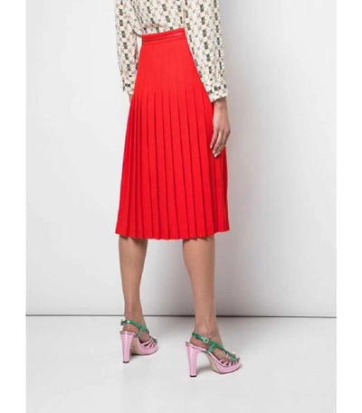 Shop Gucci High Waisted Pleat Wool Midi Skirt With Belt In Red