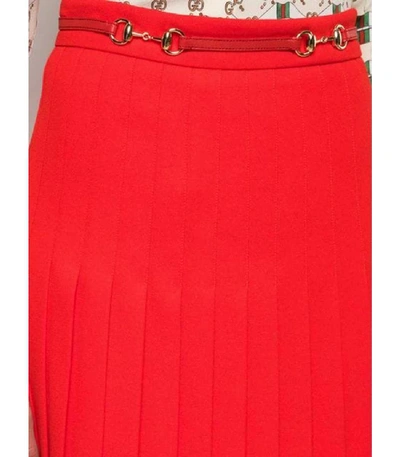 Shop Gucci High Waisted Pleat Wool Midi Skirt With Belt In Red